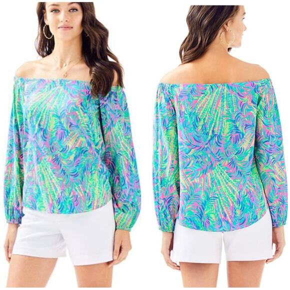 Lilly Pulitzer Women's Adira Silk Off The Shoulder Long Sleeve Top - Size M- GUC - Picture 1 of 11